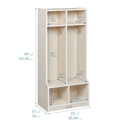 Image of ECR4Kids 2-Section Coat Locker with Bench and Cubby Storage, Classroom Furniture, White Wash