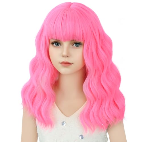 Image of Neon Pink Wig Short Pink Wavy Curly Wigs Wig with Air Bangs Synthetic Cosplay Hair Wigs