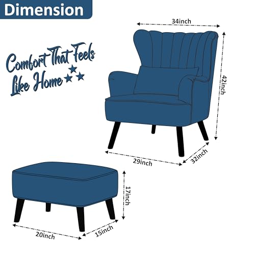 Image of Rosebell Velvet Accent Chair with Ottoman - Modern Upholstered Lounge Chair with High Back, Tufted Design & Comfortable Reading Chair for Living Room, Bedroom, Office-Blue