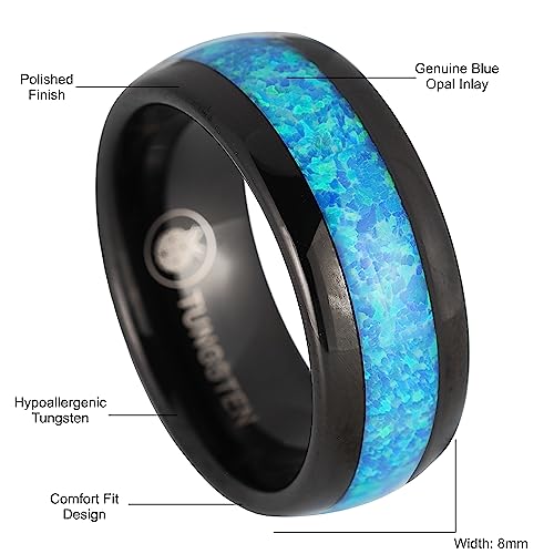 Tungsten Carbide Blue Opal Inlay Comfort Fit Ring Promise Wedding Engagement for Men, 8mm 6mm 4mm, Black Rose Gold Silver, Band Dome Style High Polished Finish, Gift Box Included4