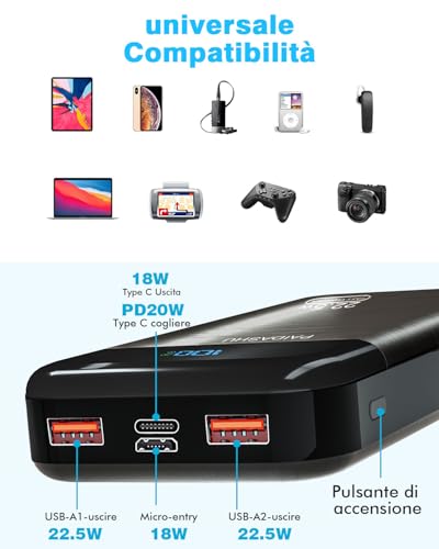 Power Bank 27.000mAh 22.5W PD3.0 QC4.0 Ricarica Rapida Batteria Esterna 3A USB C Caricatore Portatile con LCD Display Digitale 3 Uscite e 2 Ingressi per Smartphone and more