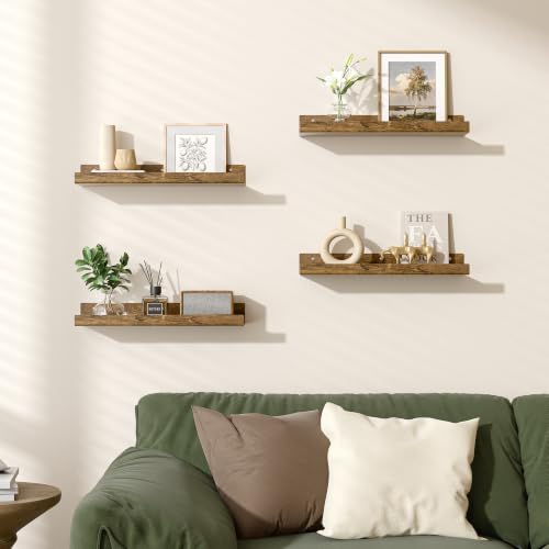 Image of upsimples 4 Pcs 15 inch Acrylic Shelves for Wall Decor and Display, Rustic Wood | Cute Floating Shelf for Perfume, Skincare, Nail Polish, Wall Organizer for Bedroom, Living Room, Playroom, Room Decor