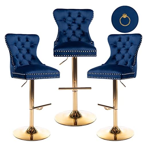 DM Furniture Barstools Bar Height Set of 3 Velvet Tufted Back Barstools 28" to 36" Adjustable Modern Bar Stool Chairs with Gold Base for Dining Room Home Bar Kitchen Island (Navy Blue, 3 Pack)