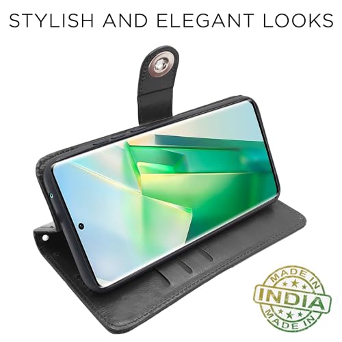Image of Pikkme Vivo T2 pro 5G Flip Cover Leather Finish | Inside TPU with Card Pockets | Wallet Stand and Shock Proof | Complete Protection Button Flip Case (Black)