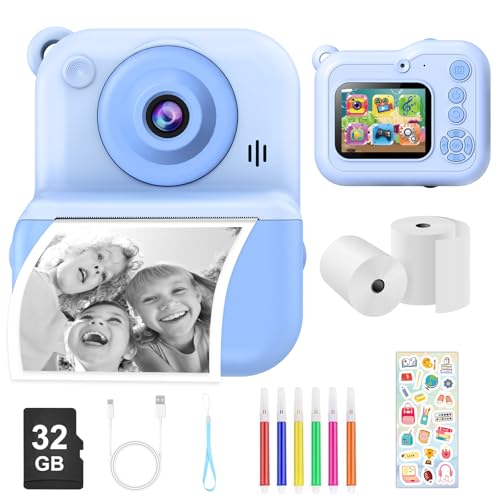 Dusefogo Appareil Photo Instantané Enfants,1440P Appareil Photo Numérique Enfant Caméra Vidéo avec Carte de 32GB Rouleaux de Papier d'impression Cadeau Garçons pour Garçons Filles de 3-12 Ans(Bleu)