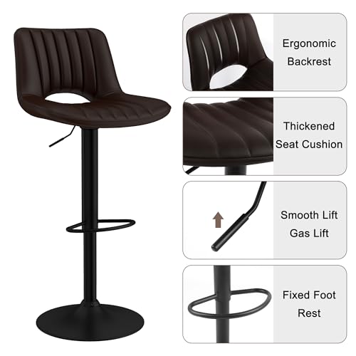 Butacos giratorios LSSBOUGHT, juego de 2 unidades, modernos y ajustables con respaldo abierto, sillas de barra de cuero sintético con elevación neumática para cocina y bar en casa, color marrón miniatura 3