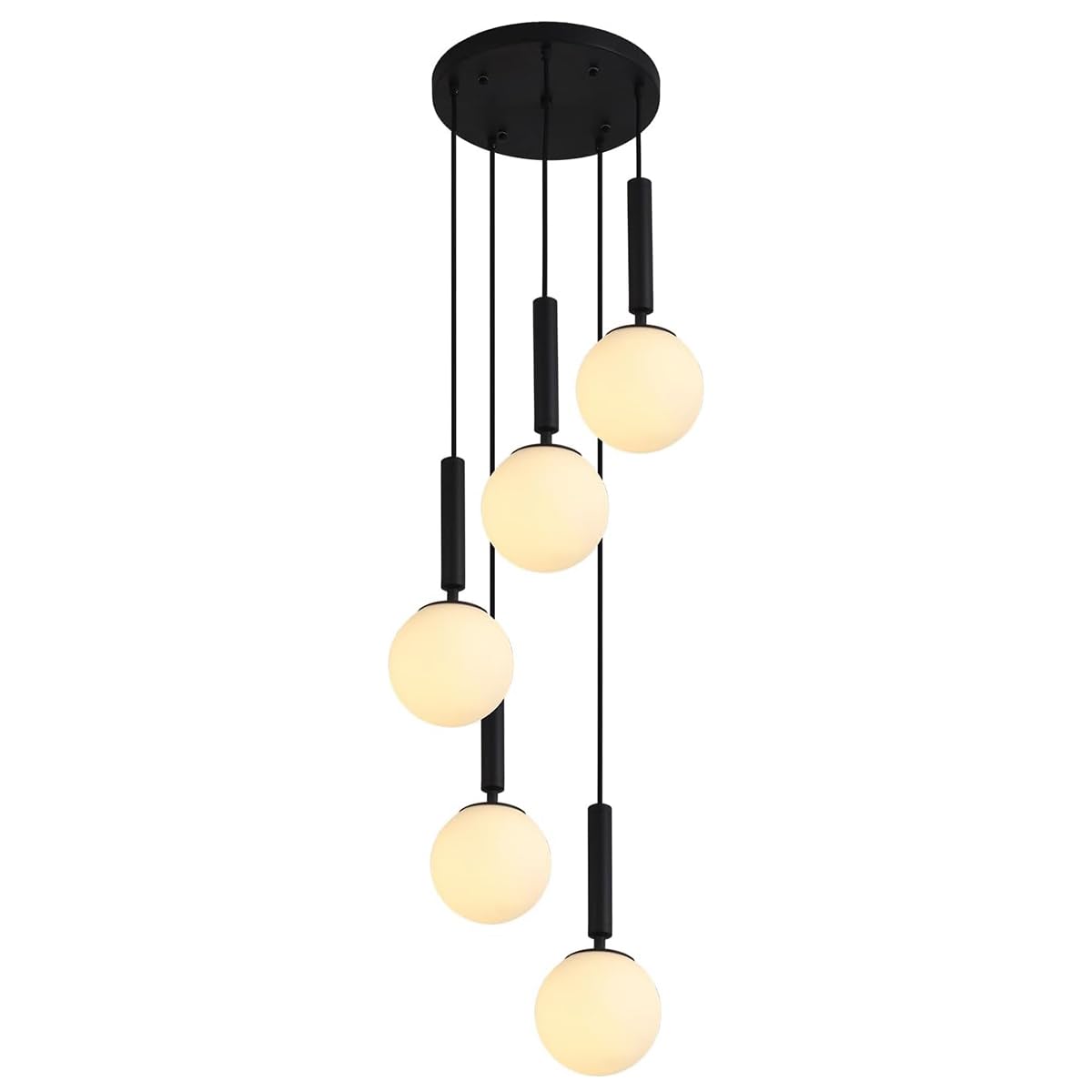 SYAXVOM Modern Cluster Chandelier - Adjustable Height LED Globe Light Fixture with Corn Bulbs, Crystal Accents for Living Room, Hallway, Stairs 5 White Lights