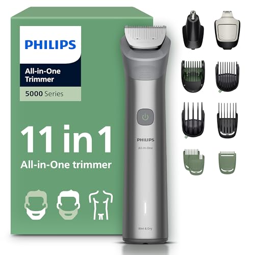 PHILIPS Multigroom Series 5000 All-in-One 11-teiliger Barttrimmer und Haarschneider für Gesicht, Kopf und Körper, selbstschärfende Metallklingen, 17 Längeneinstellungen (0,5-16 mm), Modell MG5951/15
