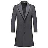 Rogers & Morris Men's Long Wool Coat for Fall Winter Trench Coat Classic Notched Collar Single Breasted Stylish Overcoat Charcoal S