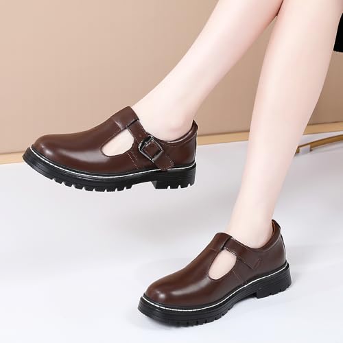 Image of Women's Platform T-Strap Mary Janes Oxford Dress Shoes | Chunky Non-Slip Classics Round Toe Comfort Casual School Work Uniform Shoes with Buckle Retro Comfortable Walking Shoes