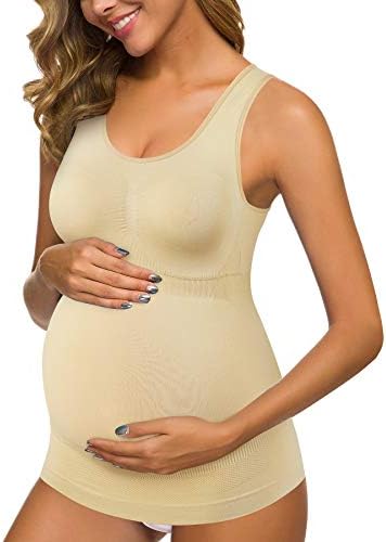 Irisnaya Women Maternity Tank Top Stretchy Cami Pregnancy Bra Basic Shirt Scoop Neck Sleeveless Comfort Vest Seamless Tunics (3X-Large/4X-Large, Beige)
