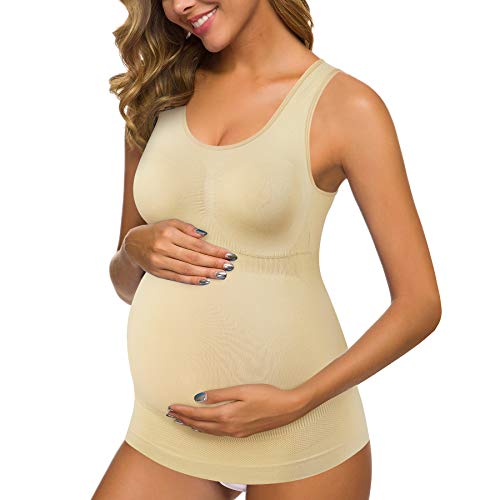Irisnaya Women Maternity Tank Top Stretchy Cami Pregnancy Bra Basic Shirt Scoop Neck Sleeveless Comfort Vest Seamless Tunics (3X-Large/4X-Large, Beige) #TOP24