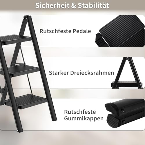 Image of Folding Step Stool with Wide Anti-Slip Pedal[150 kg] Capacity Heavy Duty Lightweight Portable Black Ladder Household Kitchen Office Space Saving Multifunctional Indoor Car Wash Outdoor (3 Step Ladder)