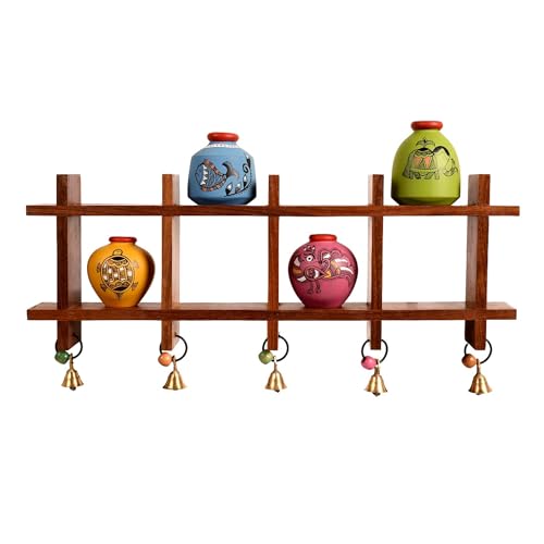 Image of Aakriti Art Creations Ladder Wall Decor 4 Colored Handcrafted Madhubani Pots | Wooden Shelves Hanging with Terracotta Vases | Matte Finish Decorative Wall Art for Living Room, Entryway & Gifting