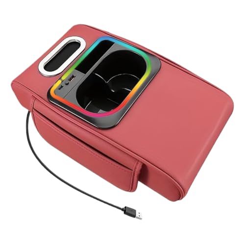 Caja de almacenamiento Auto Armrest - Caja de cubierta de tejido de portavasos,Con bolsillo lateral, Iluminación ambiental, Puerto USB Aumento Mat Auto Center Console Kus,Para Consola Central
