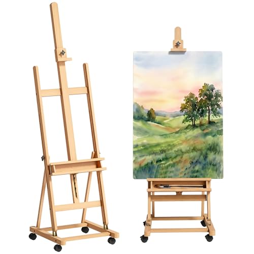 Vinsetto Caballete de Pintura Plegable, 238 cm, Caballete de Madera con Ruedas, Altura Ajustable, Bandeja, para Adultos, Artistas, Pintor, Estudiantes, Natural