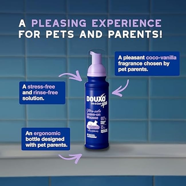 DOUXO? Skin & Coat SPA - Ultra-Safe Low-Stress Refresh Leave-on Mousse for Cats, 10 fl oz, Leaves The Coat Clean, Refreshed, Soft, Radiant and Smelling Great, Skin-Friendly Formula-jK9trURr