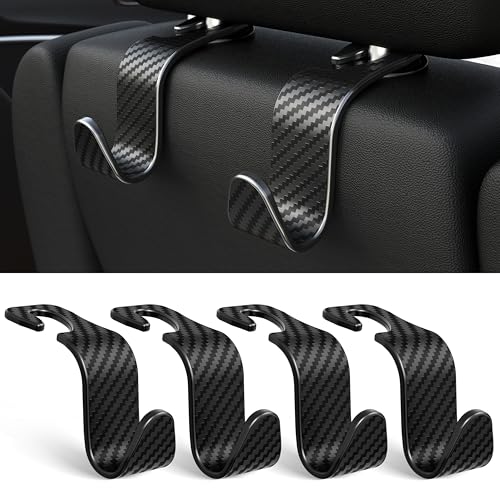 Amooca 4-Pack Car Headrest Hooks Vehicle Storage Organizer for Purses Handbags Groceries Coats Holds 55lbs 360 Rotating Simple Design Black Checkered