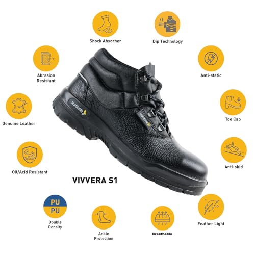 Image of Mallcom Vivvera S1 High Ankle Safety Shoe, Black, 12UK | Barton Grain Leather, Double Density PU Sole, Steel Toe Cap, Light Weight, Slip Resistance