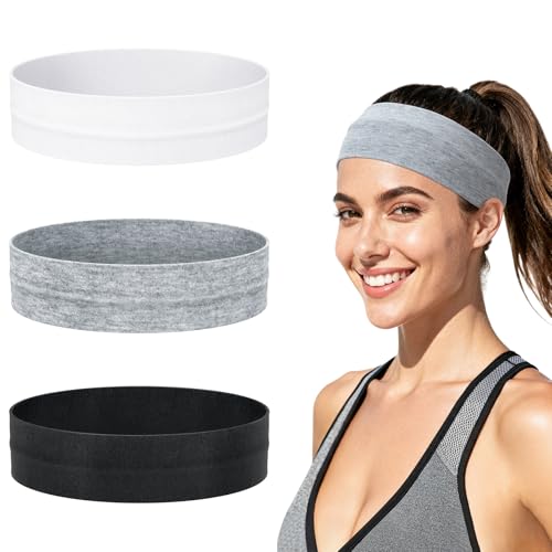 3 Pezzi Fascia Capelli Donna Sport, Tessuto Antiscivolo Fascia per Capelli Uomo, Fascia Sudore Fronte Elastico Assorbente, Headband per Corsa, Yoga, Palestra (Nero, Bianco, Grigio)