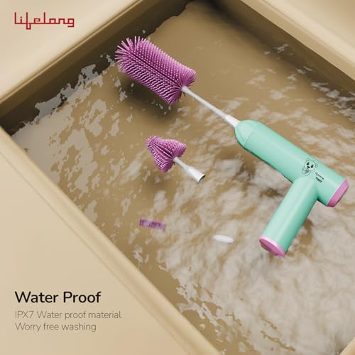 Image of Lifelong Cuppy Electric Bottle Cleaner Brush | Soft Silicone Bristles | Rechargeable, Baby Feeding Bottle Nipple Brush | Ideal for All Bottles, Straws, Corners | Easy to Clean | Removes Oil, Pink