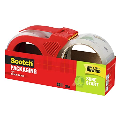 Scotch Sure Start Packaging Tape, 1.88 X 38.2 Yd, Designed For Packing, Shipping And Mailing, Smooth And Quiet Unwind, 3" Core, Clear, 2 Rolls W/1 Dispenser (3450S-2-1Rd) #TOP6