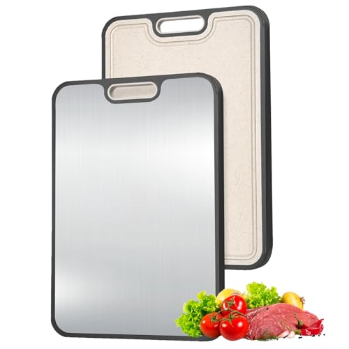 Tabla de cortar de acero inoxidable para cocina, reversible 304 acero inoxidable y paja de trigo, doble cara para picar carne y verduras, regalos de cocina fácil de limpiar miniatura 1