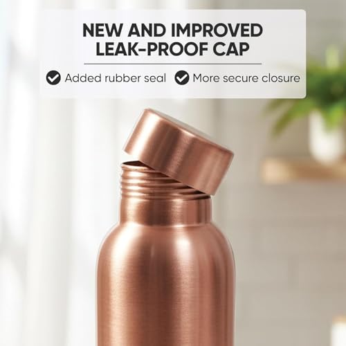 Image of Set of 2 Copper Water Bottles with Cups - 34 oz Hammered Finish Pure Copper Bottles with Drinking Cups | Leak-Proof Vessel for Yoga, Gym, Office & Travel