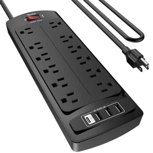 Image of 10 Feet Extension Cord Power Strip, Yintar Surge Protector with 12 AC Outlets and 4 USB Ports, 2700 Joules, ETL Listed, Black