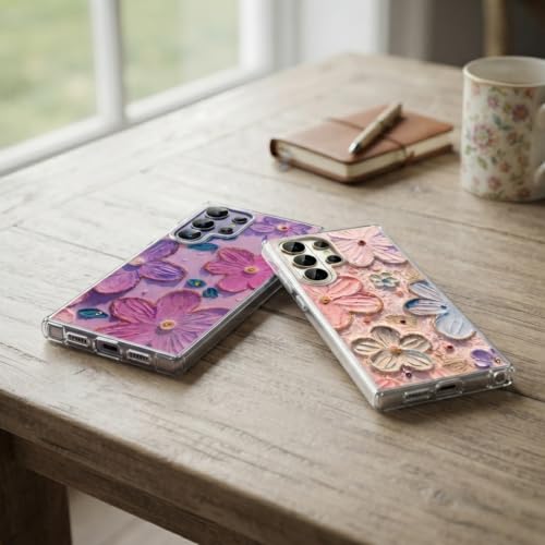 Image of Elzzi Compatible with Samsung S26 Ultra Case Laser Flower Oil Painting Cute Colorful Blue Ray Bumper with Full Camera Protection Shockproof PC+TPU Glossy Shiny Cover for Girls Women, Pink