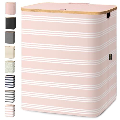 BALEINE Laundry Hamper with Lid, Tall Laundry Baskets with Bamboo Pull Handles, Large Laundry Bin with Internal Support (36 Gal/140L, Pink Pinstripe) 140 liters Pink Pinstripe