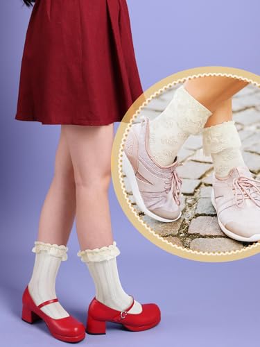 6 Pairs Ruffle Socks Women Frilly Lace Ankle Socks Cream Lolita Princess Bow Breathable4