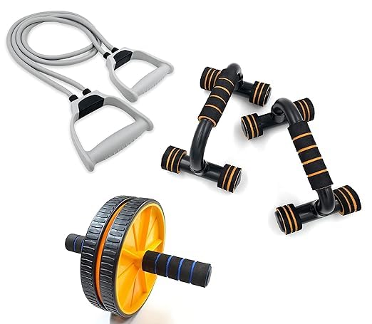 Sixteen Full Body Workouts Gym Home Equipment Combo Set for Men Women Exercise Kit – Pack of 3 (Toning Resistance Tube Band, Pushup Stand, and Abs Wheel Roller)-image-30