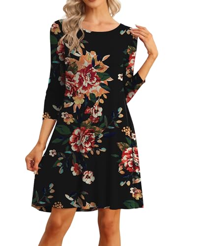 Image of VIISHOW Womens Round Neck 3 /4 Sleeves A-line Casual Tshirt Dress with Pocket