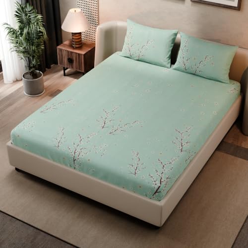 Image of BLISSHOME SoftTouch 140TC Cotton King Size Fitted Bedsheet with 2 Pillow Covers, Silky Smooth Bedding Set, Breathable, Easy Maintain, Floral Print - Green, Ivory (182cm x 198cm x 25cm Drop)