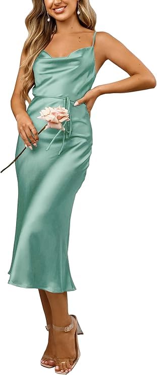 Image of Tsher Women's Sleeveless Spaghetti Strap Satin Wedding Guest Party Dress Cowl Neck Backless Midi Formal Dresses
