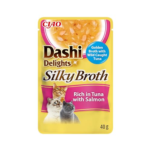INABA Dashi Delights Silky Broth, Caldo para Gatos de Atún y Vieira, Comida Húmeda Rica en Proteínas, Ingredientes Naturales, Snack Húmedo para Gatos, Sopa para Gatos, 1 sobre x 40 g
