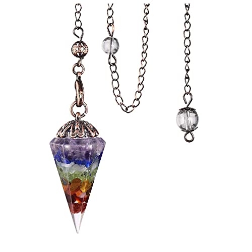 PESOENTH 7 Chakra Dowsing Pendulum Crystal Scrying Divination,Solid Resin Gemstone Hexagonal Pointed Healing Tumbled Stone Pendant Pendulum Retro Bronze Chain