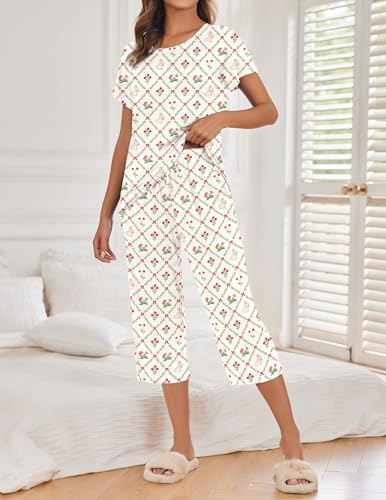 Image of Ekouaer 2 Pack Womens Pajamas Sets Short Sleeve Tops and Capri Pants Pjs Colorful Printed Sleepwear Sets