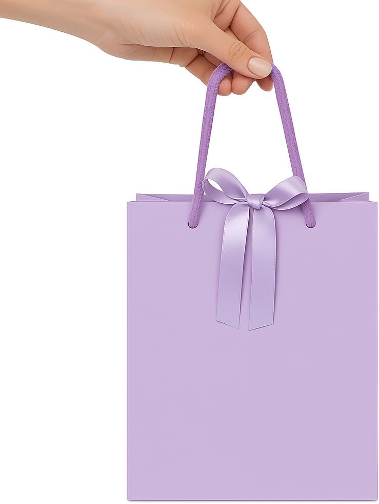 GloPack&Mail Purple Gift Bags with Ribbon – 12 Pack Lavender Paper Gift Bags, Reusable Heavy-Duty Party Favor Bags for Birthdays, Weddings, Baby Showers, Holidays, and Thank You Gifts (Lavender, 8x4x9.5)