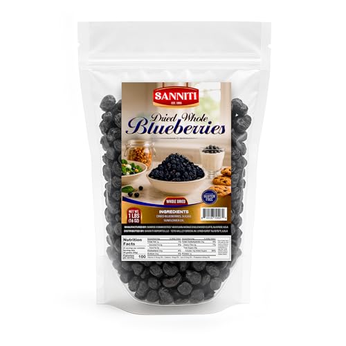 Sanniti Whole Dried Blueberries, 1 lb Bag | Naturally Sweet & Chewy | Perfect for Baking, Snacking, Oatmeal & Trail Mix