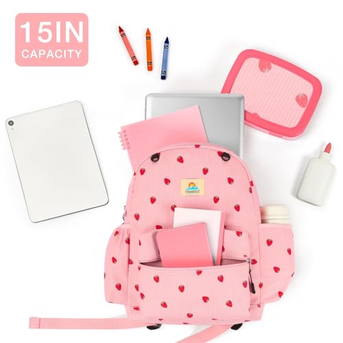 Image of STEAMEDBUN Corduroy Kids Backpack for Girls and Boys 5-8: Girls Backpack for Elementary Kindergarten - 15 inch Cute Backpacks for Kids - Strawberry