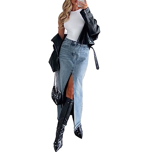 lisenraIn Women Long Denim Skirt Front Slit Maxi Skirt Y2K Fashion Streetwear High Waist Jean Skirt with Pockets2