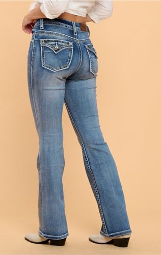 Women's High Waist Boot Cut Jeans with White Stitching2