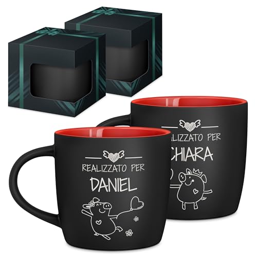 Maverton Set di 2 Tazze Colazione - Due Tazze Personalizzate in Ceramica per Coppia - Tazzine Caffe Nere Opache con Interno Rosso- Idee Regalo Fidanzato Anniversario Genitori
