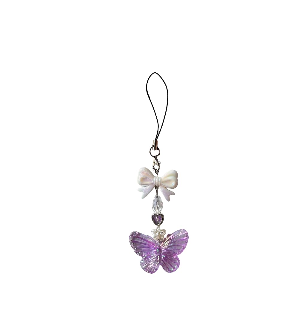 Joy of Jewels Phone Charm, Purple Butterfly Crystal Acrylic Bead Bracelet Hanging, Kawaii Keychain Bag Charm for Girls, Handmade Pearl Wrist Strap-image-1