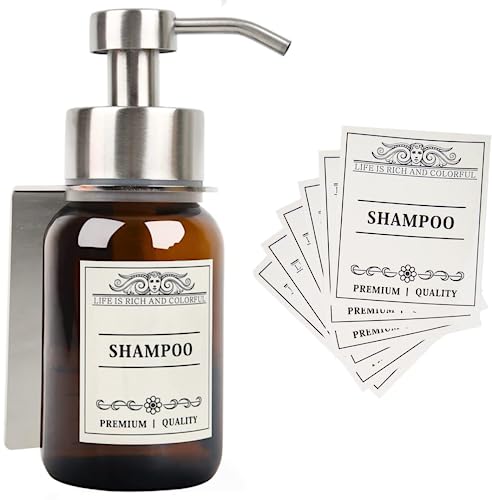 Nobtou Hand Soap Dispenser,8.5 Oz Wall Mounted Shampoo and Conditioner Dispenser and Stainless Steel Bracket for with Waterproof Labels and Leakproof Pump(Silver Mount)