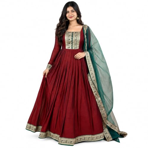 Image of Elegant Vichitra Silk Gown with Jacquard Zari Border - Includes Soft Net Dupatta with Lace Trim - Parrty Wear Ethnic Dress for Women & Girls