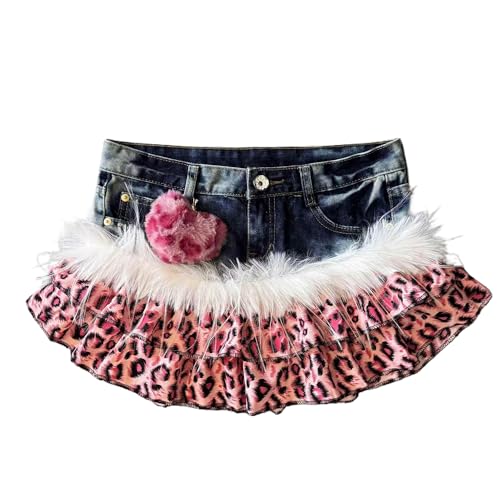 Crancious Gyaru Mcbling Leopard Skirts Harajuku Alt Y2K Coquette Shoujo Girl Clothes 2000s for Ages 10-16 and Petite Women (Pink Medium)