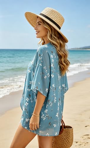 Image of FINOCEANS Womens Floral Chiffon Kimono Cardigans Loose Beach Cover Up Half Sleeve Tops